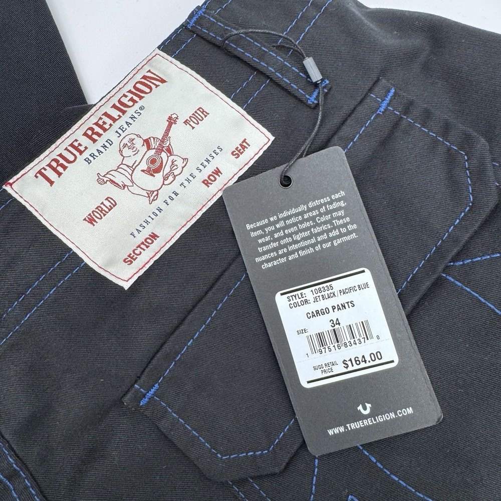 True Religion Men Cargo Pants Jet Black/Pacific Blue Size 34 - Picture 8 of 11